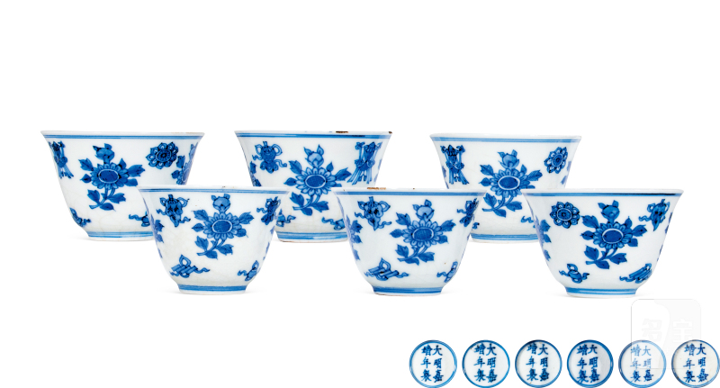 清康熙 青花清供图茶杯（一组六件）